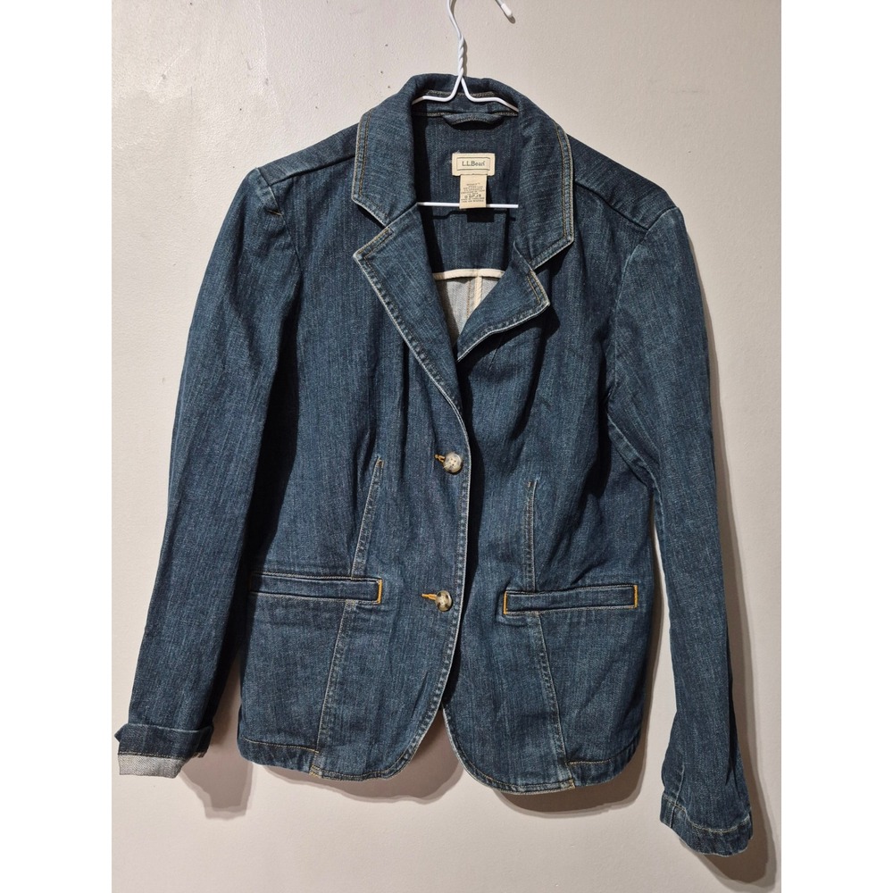 LL Bean Womens Denim Blazer Jacket Dark Wash Indigo Cotton Stretch Size 12 Reg